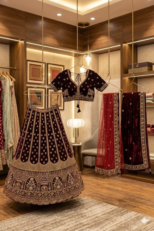 Regal Wine Velvet Bridal Lehenga Set