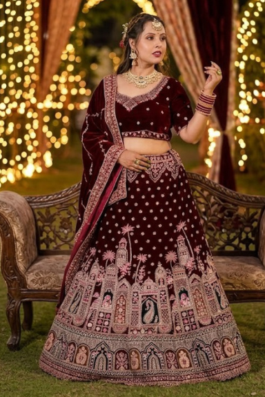 Royal Wine Velvet Bridal Lehenga Set