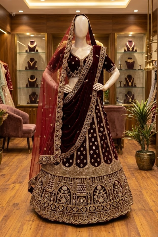 Regal Wine Velvet Bridal Lehenga Set