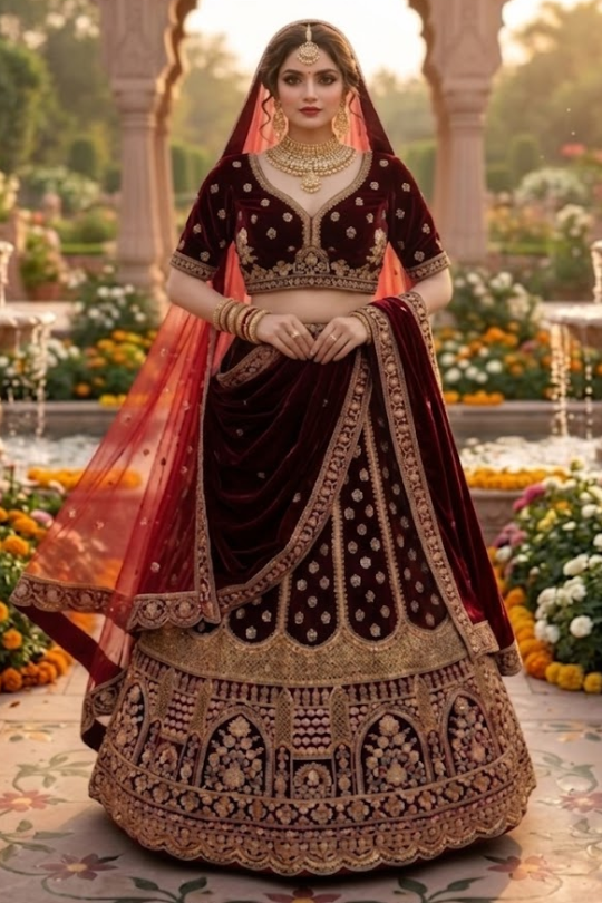 Regal Wine Velvet Bridal Lehenga Set