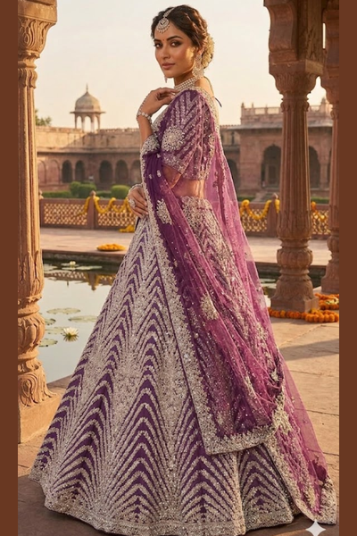 Royal Plum Embroidered Bridal Lehenga Set