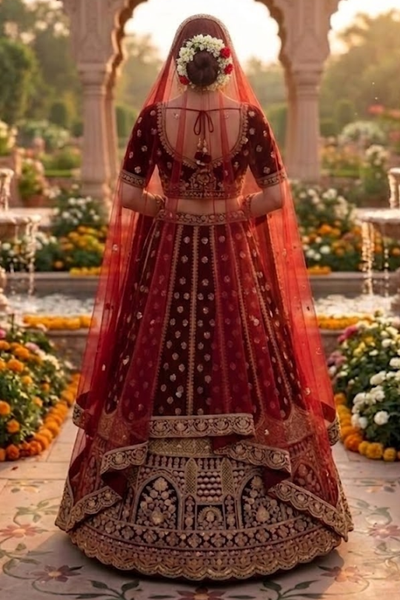 Regal Wine Velvet Bridal Lehenga Set