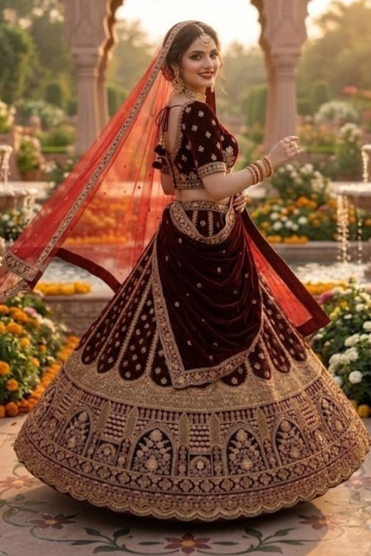 Regal Wine Velvet Bridal Lehenga Set