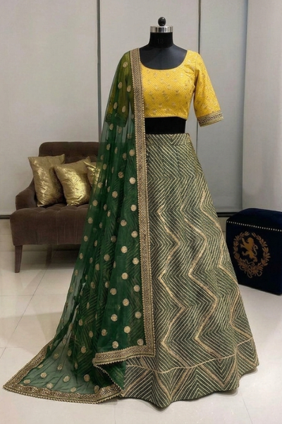 Mehira Mustard & Emerald Geometric Lehenga Set