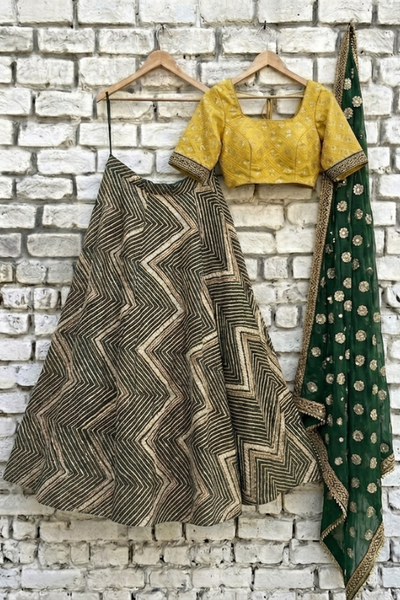 Mehira Mustard & Emerald Geometric Lehenga Set