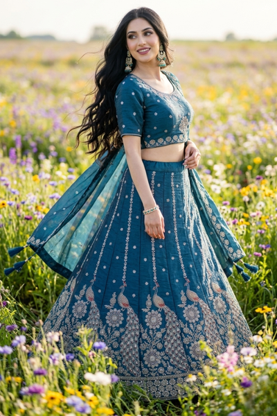 Teal Bloom Embroidered Lehenga Set