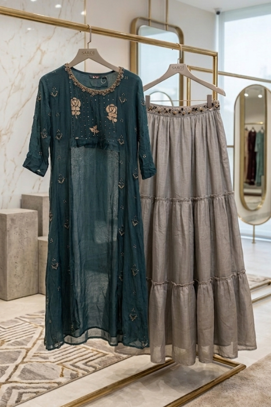 Teal Embroidered Indo-Western Kurta Skirt Set