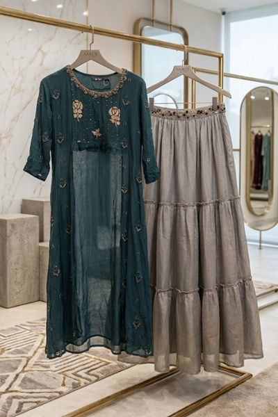 Teal Embroidered Indo-Western Kurta Skirt Set