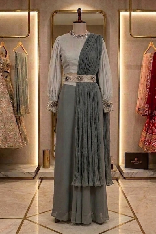 Mist Grey Pleated Drape Palazzo Set