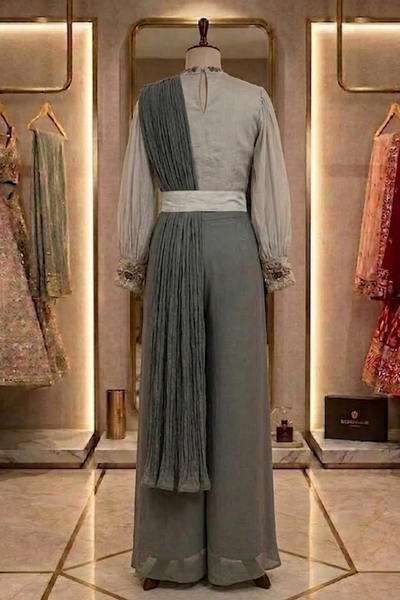 Mist Grey Pleated Drape Palazzo Set