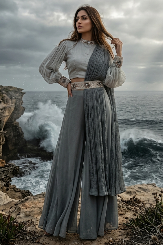 Mist Grey Pleated Drape Palazzo Set