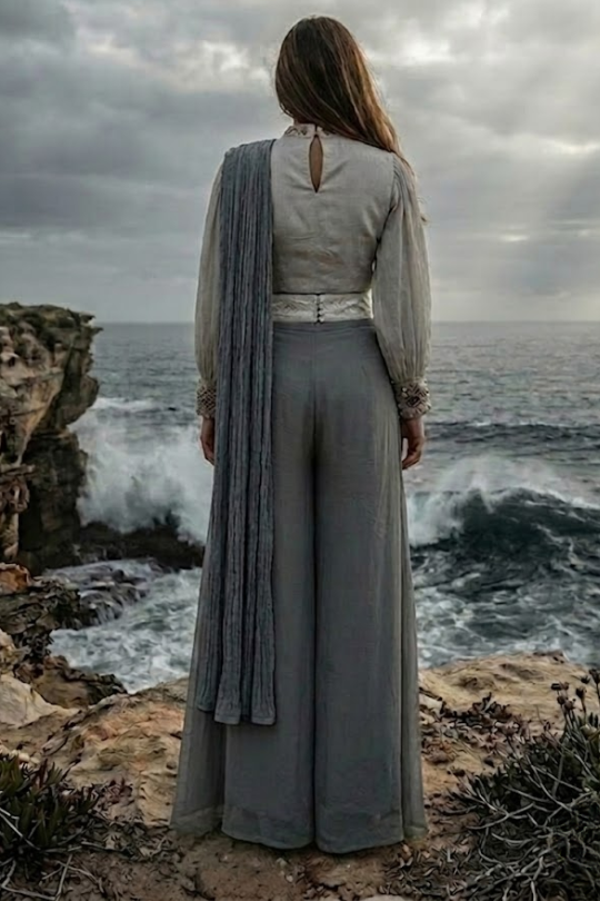 Mist Grey Pleated Drape Palazzo Set