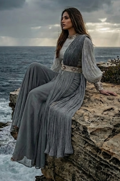 Mist Grey Pleated Drape Palazzo Set