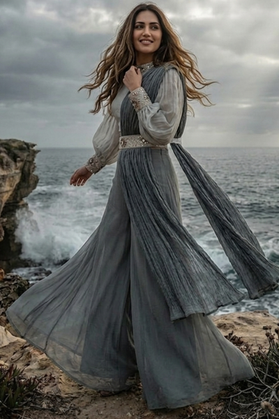 Mist Grey Pleated Drape Palazzo Set