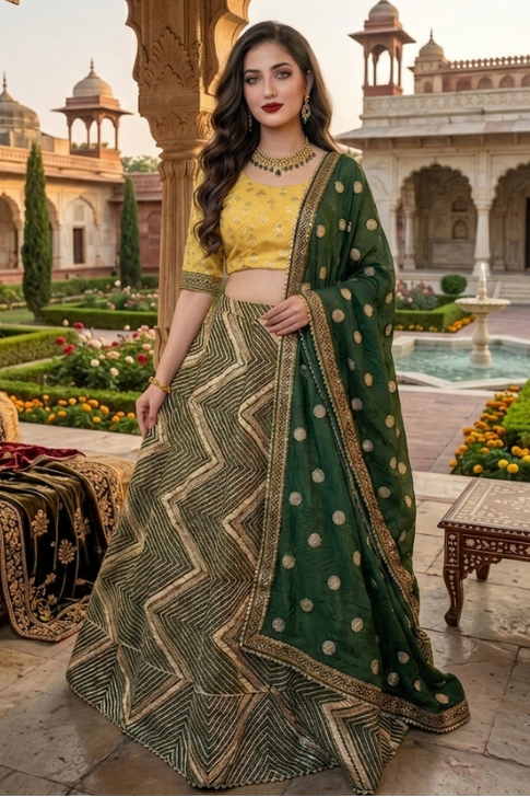 Mehira Mustard & Emerald Geometric Lehenga Set
