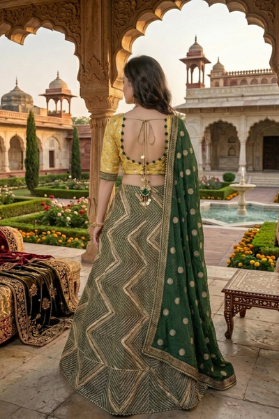 Mehira Mustard & Emerald Geometric Lehenga Set