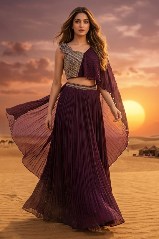 Wine Elegance Indo-Western Draped Set