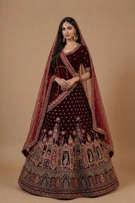 Royal Wine Velvet Bridal Lehenga Set