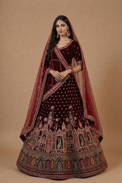 Royal Wine Velvet Bridal Lehenga Set