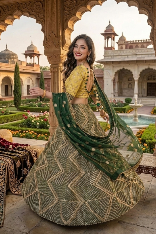 Mehira Mustard & Emerald Geometric Lehenga Set