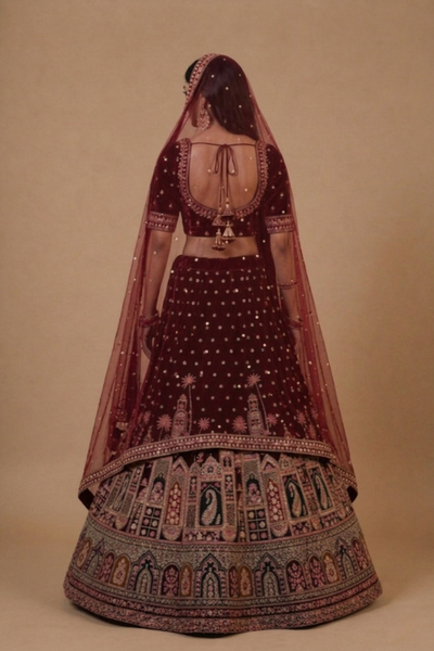 Royal Wine Velvet Bridal Lehenga Set