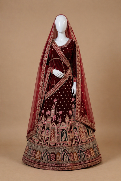Royal Wine Velvet Bridal Lehenga Set