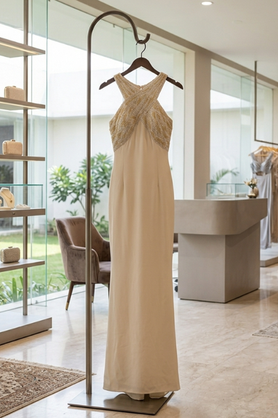 Ivory Glam Cross-Neck Evening Gown