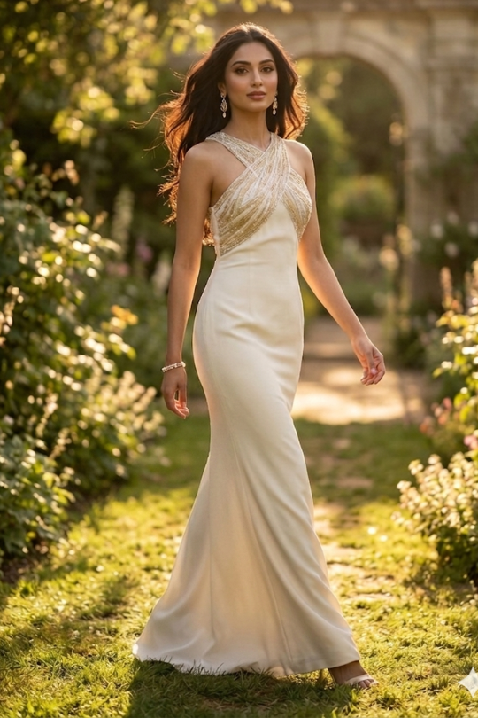 Ivory Glam Cross-Neck Evening Gown