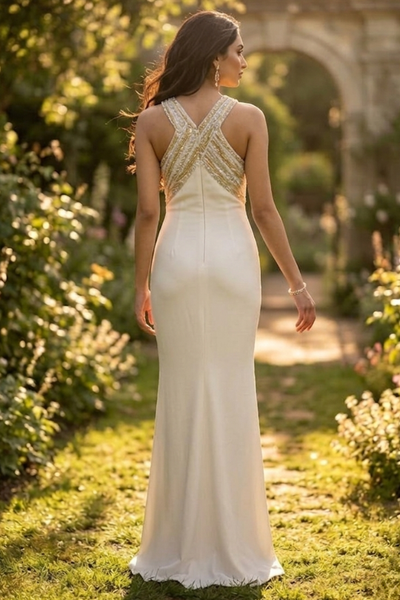 Ivory Glam Cross-Neck Evening Gown