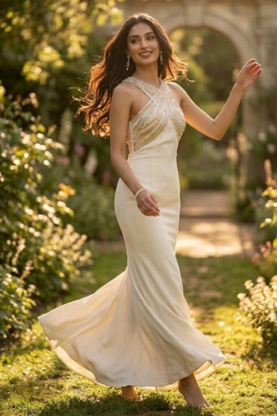 Ivory Glam Cross-Neck Evening Gown