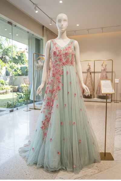 Mint Green Floral Embroidered Gown
