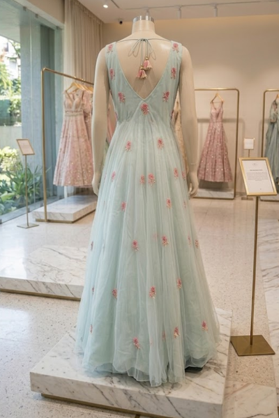 Mint Green Floral Embroidered Gown