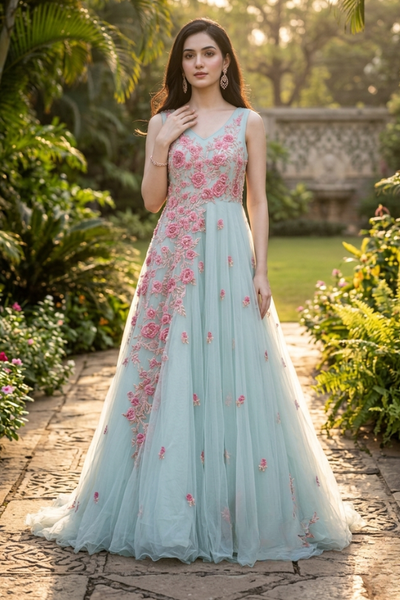 Mint Green Floral Embroidered Gown