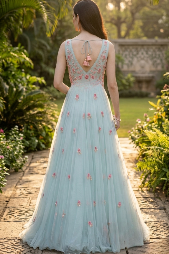 Mint Green Floral Embroidered Gown