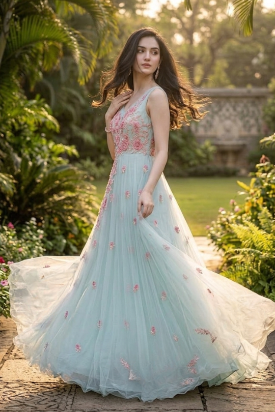 Mint Green Floral Embroidered Gown