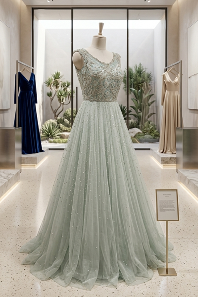 Sage Green Embellished Net Gown