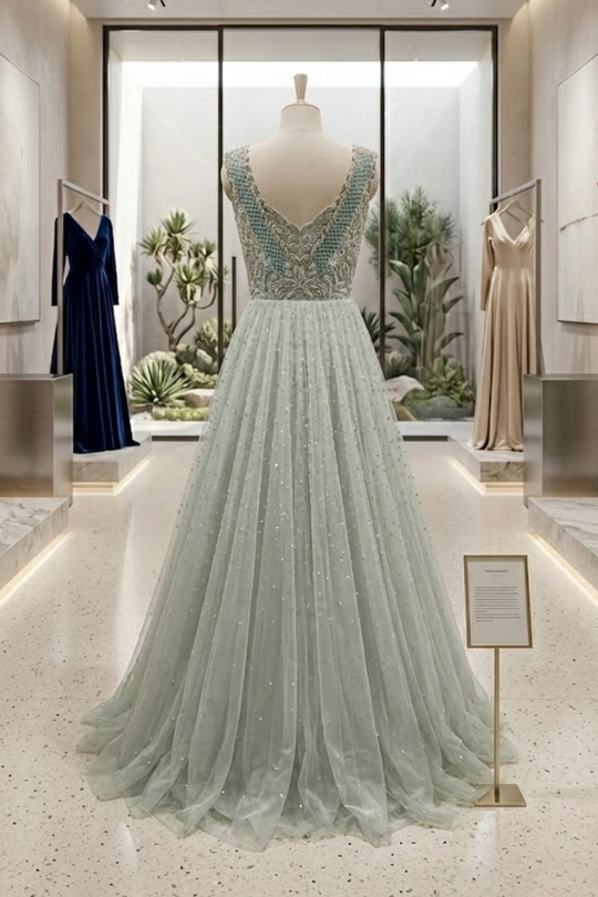 Sage Green Embellished Net Gown