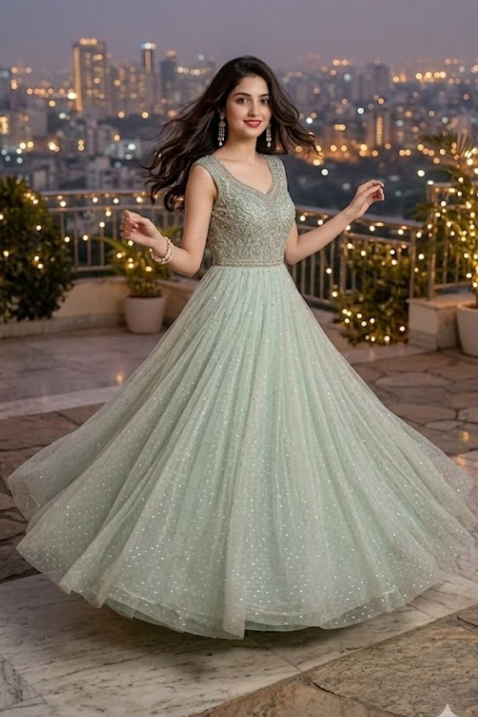 Sage Green Embellished Net Gown