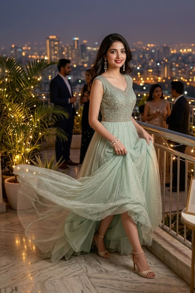 Sage Green Embellished Net Gown
