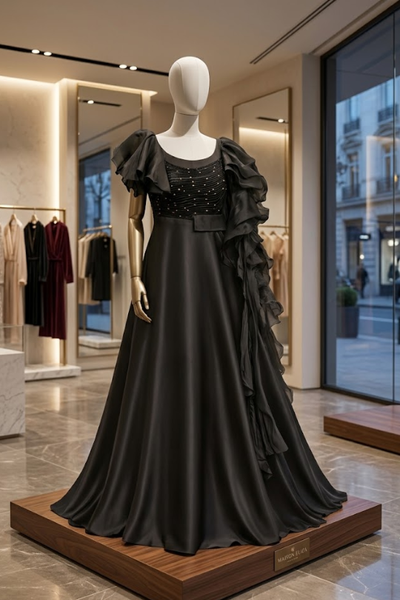 Midnight Elegance Ruffle Gown