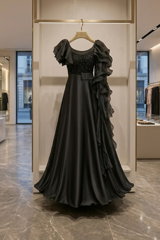Midnight Elegance Ruffle Gown
