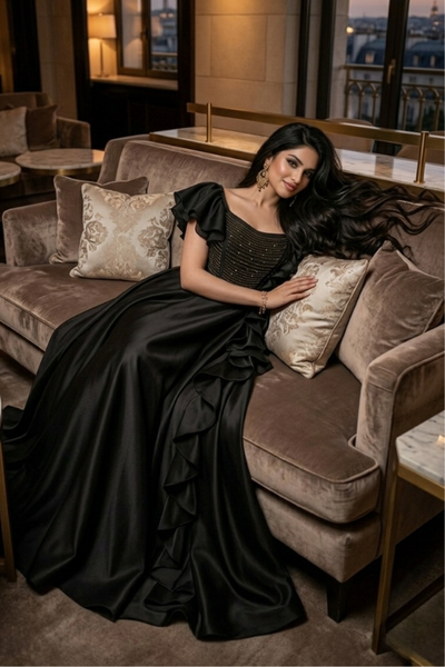 Midnight Elegance Ruffle Gown