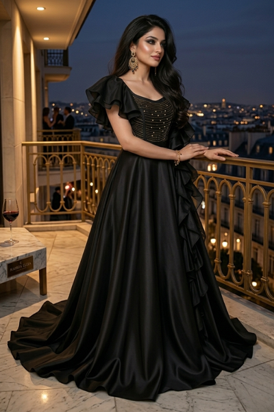 Midnight Elegance Ruffle Gown
