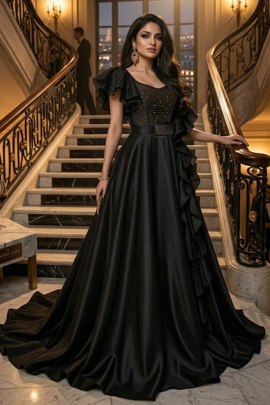Midnight Elegance Ruffle Gown