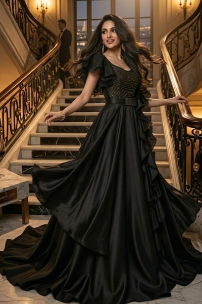 Midnight Elegance Ruffle Gown