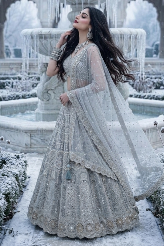 Model Wearing Frost Silver Festive Lehenga