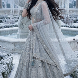 Model Wearing Frost Silver Festive Lehenga