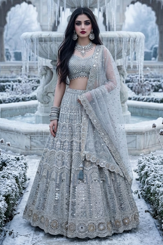 Frost Silver Embroidered Festive Lehenga Set front view