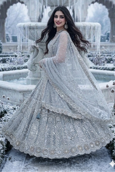 Angle
Side view of Frost Silver Embroidered Festive Lehenga