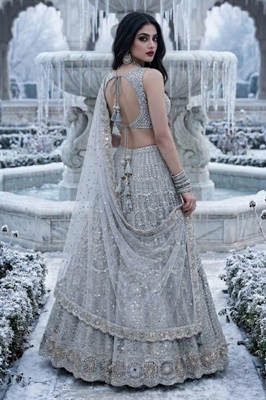 Frost Silver Embroidered Festive Lehenga worn by model